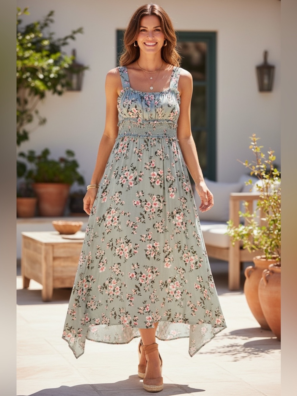 No Boundaries Sage Floral Maxi Hanky Hem Smocked‎ Sundress size 15/17 (Jr) or XL